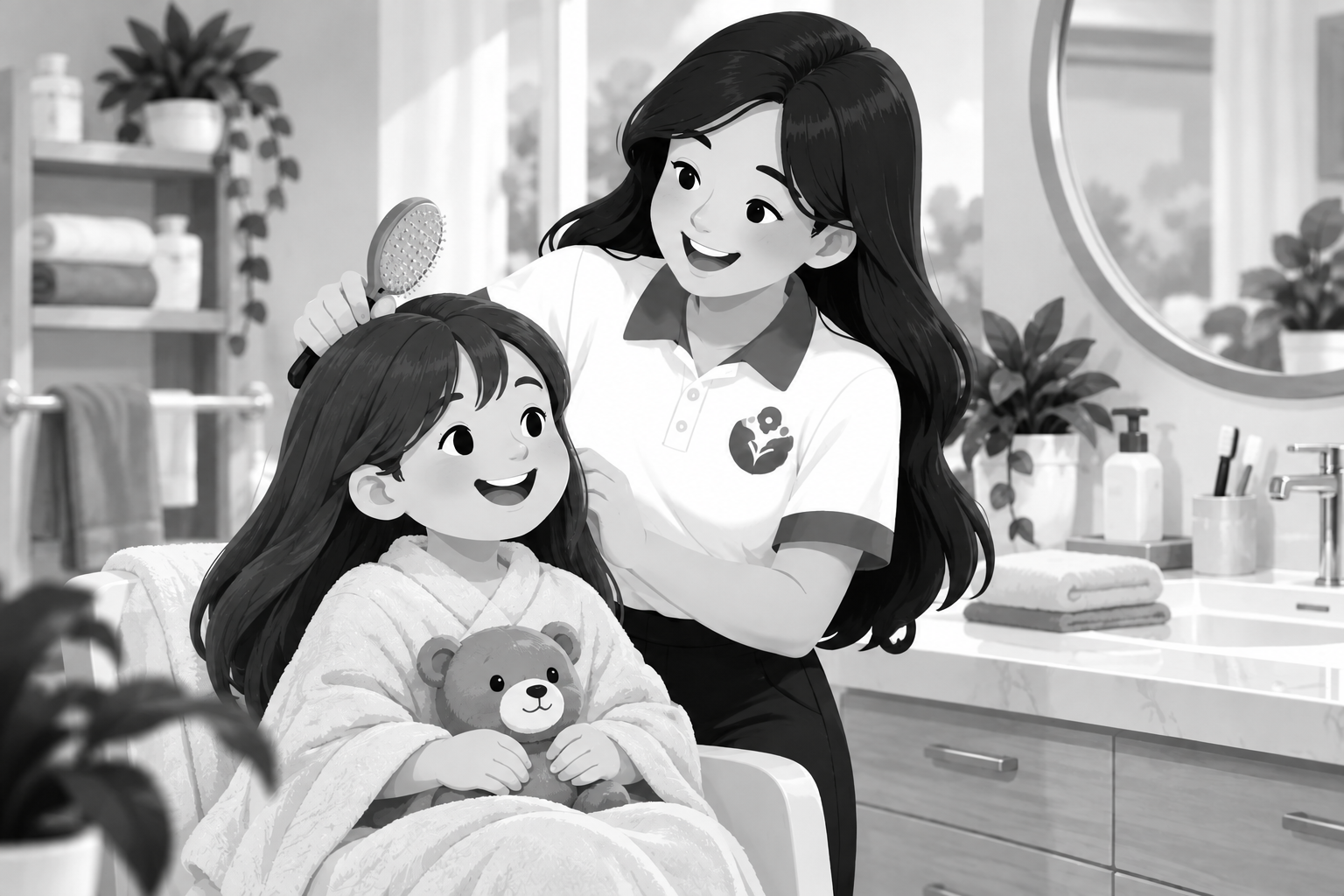 Caring Hairbrush Moment in Monochrome